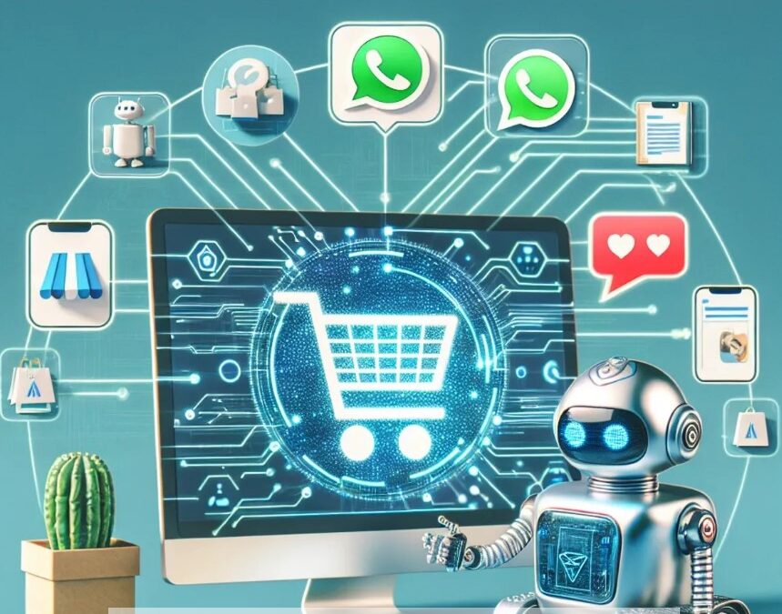 An AI robot sits next to a computer displaying a shopping cart icon, interacting with a messaging app symbol. Various icons representing diverse customer profiles are subtly included in the scene.