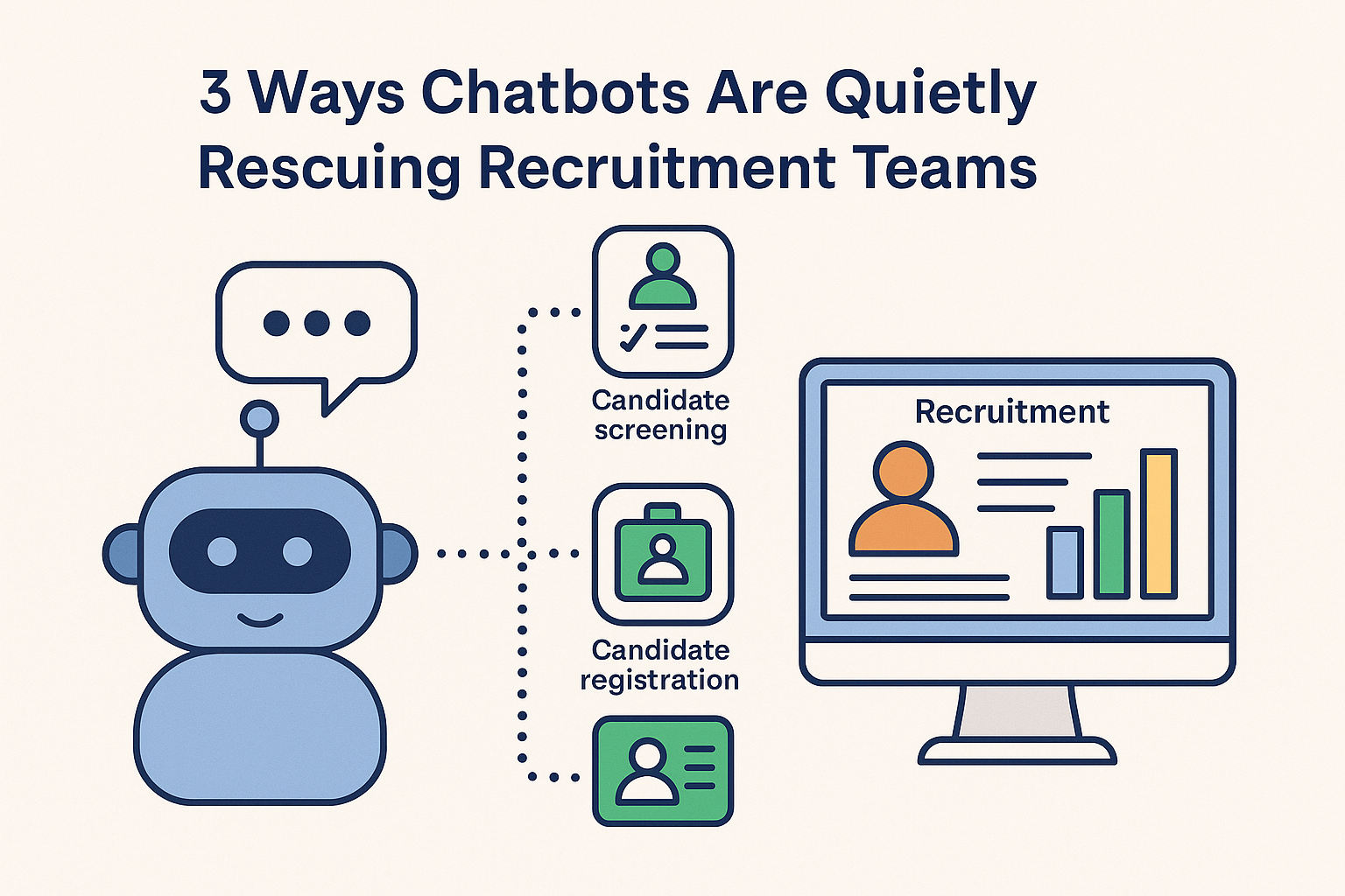 Flat illustration of a chatbot automating candidate screening and registration in a recruitment dashboard.