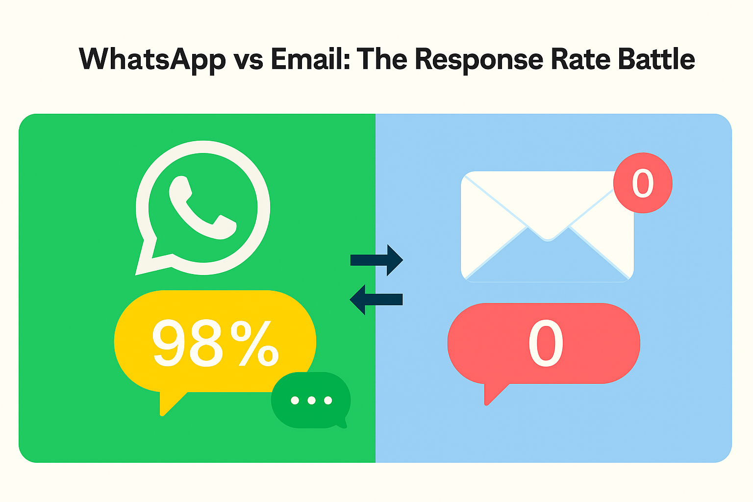 lat digital illustration comparing WhatsApp and email icons with notification bubble showing zero for email